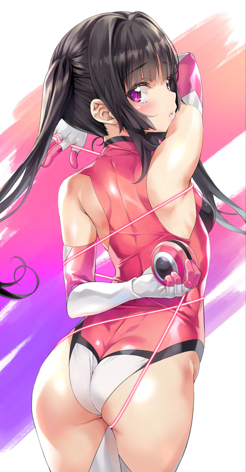 1girl, ass, bangs, black_hair, blunt_bangs, blush, breasts, elbow_gloves