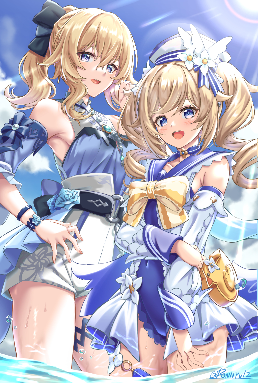 2girls, :d, bag, bangs, barbara_(genshin_impact), barbara_(summertime_sparkle)_(genshin_impact), blue_eyes, blue_sky