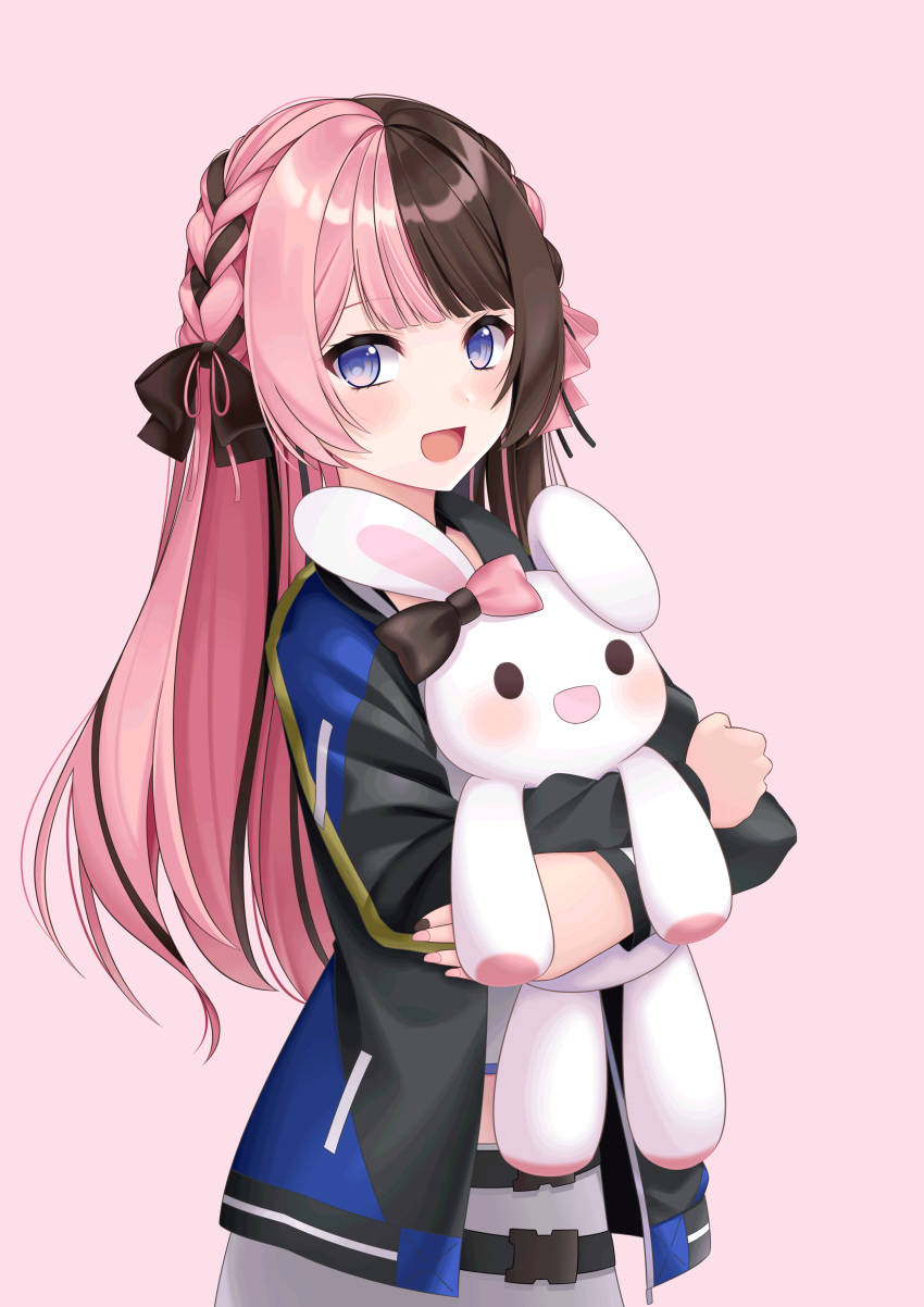 1girl, absurdres, black_hair, blue_eyes, brysinggamen, highres, iris_black_games, jewelry, looking_at_viewer, multicolored_hair, open_mouth, pink_hair, ribbon, solo, stuffed_animal, stuffed_bunny, stuffed_toy, tachibana_hinano_(vtuber), two-tone_hair, virtual_youtuber