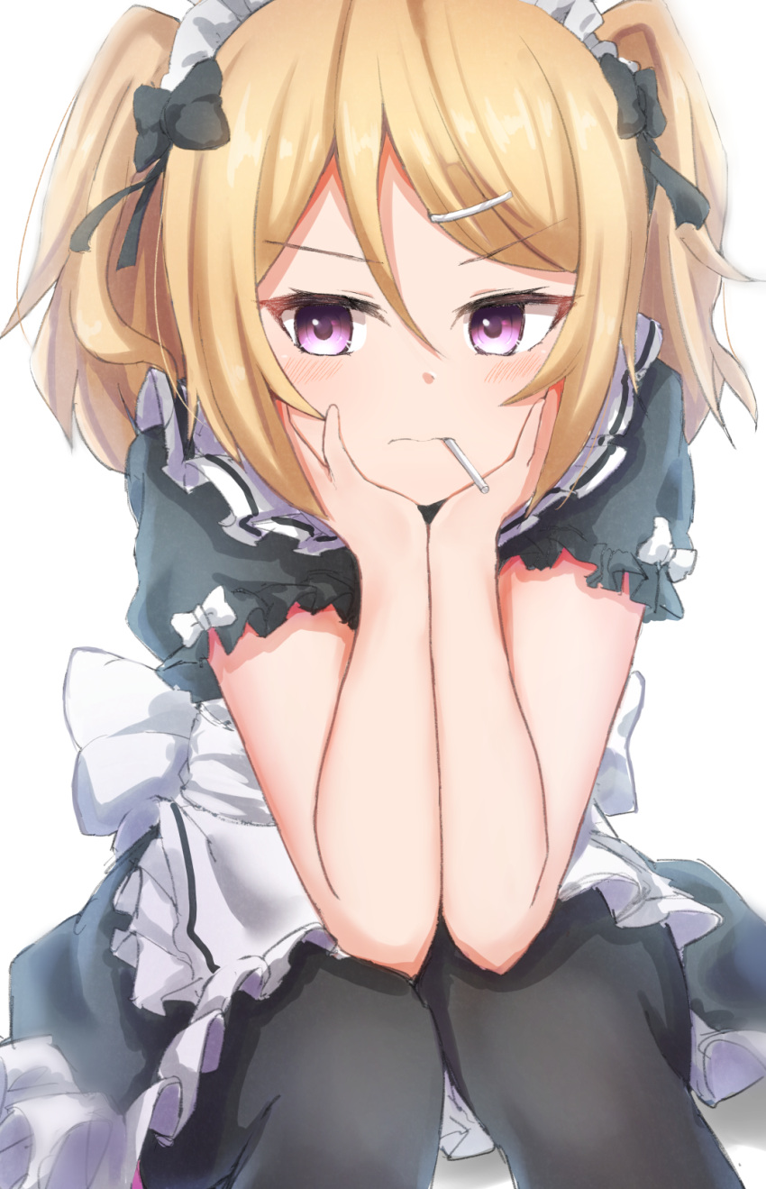 1girl, alternate_costume, apron, bangs, black_bow, black_dress, black_legwear, blonde_hair