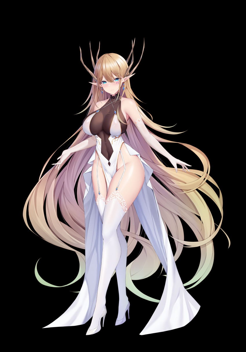 1girl, absurdres, bare_hips, bare_shoulders, blonde_hair, blue_eyes, breasts, china_dress
