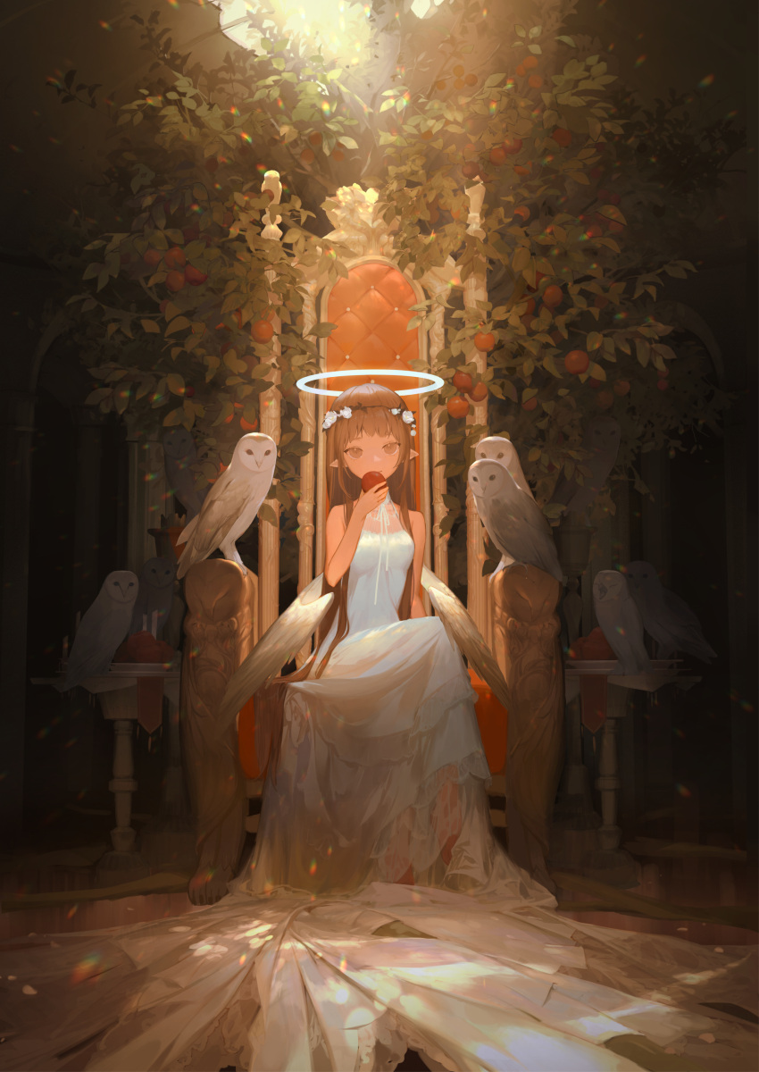 1girl, absurdres, animal, apple, bare_shoulders, bird, breasts, brown_eyes