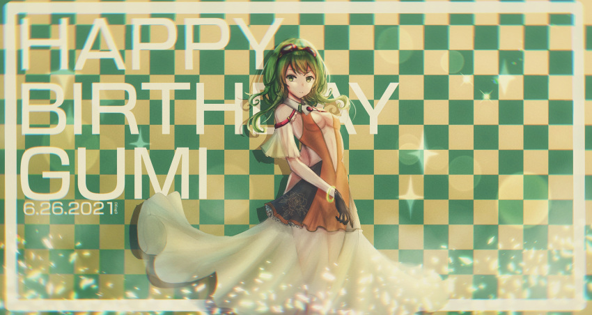 1girl, absurdres, black_gloves, bracelet, breasts, brooch, character_name, checkered
