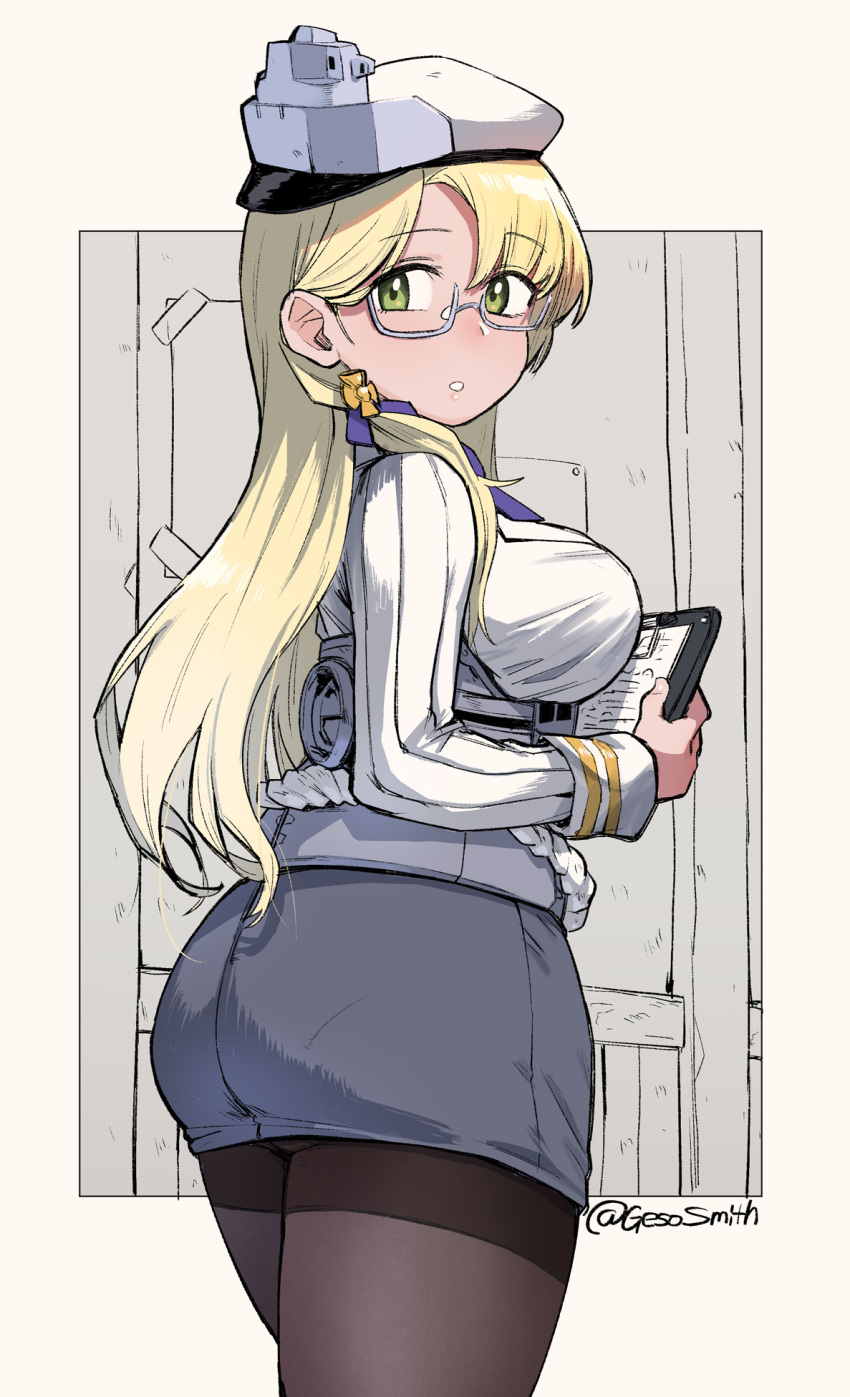 1girl, ass, black_legwear, blonde_hair, breasts, clipboard, commentary_request, cowboy_shot