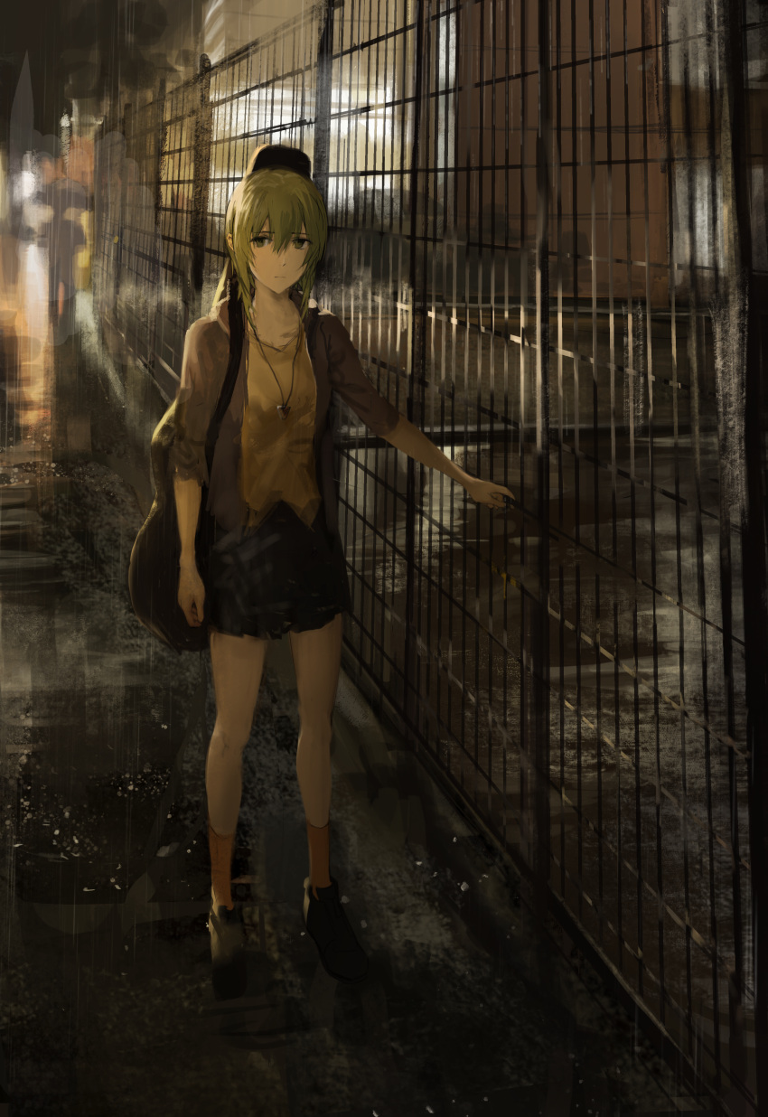 1girl, absurdres, black_skirt, commentary, fence, full_body, green_eyes, green_hair, guitar_case, gumi, highres, huge_filesize, instrument_case, instrument_on_back, jewelry, kneehighs, light_frown, looking_to_the_side, medium_hair, miniskirt, necklace, night, outdoors, pleated_skirt, rain, realistic, satou_koromi, skirt, solo, umbrella, vocaloid