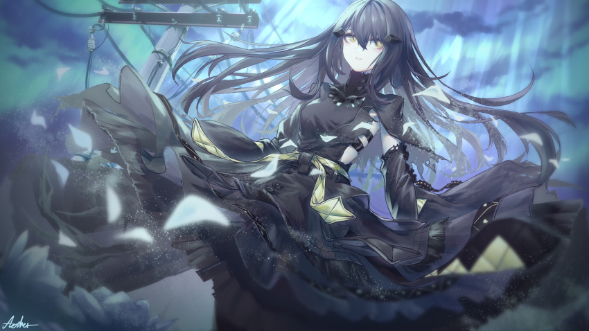 1girl, absurdres, artist_name, bangs, black_dress, black_hair, black_sleeves, blue_flower