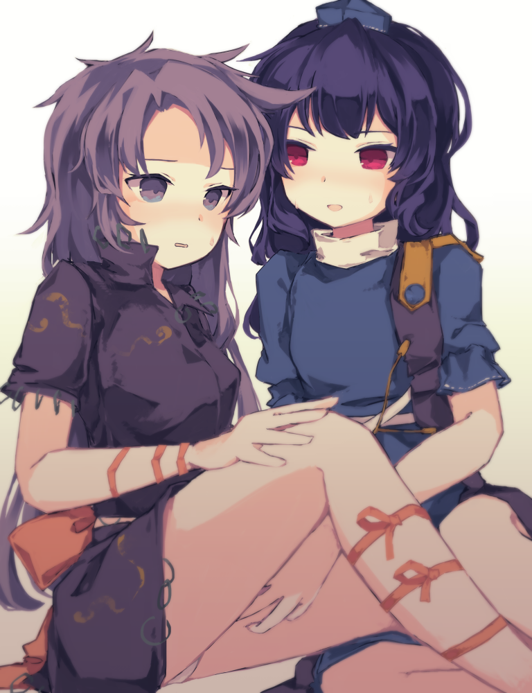 2girls, back_bow, blue_dress, blue_headwear, blush, bow, breasts, commentary_request