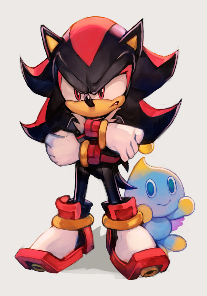 1boy, 1other, black_hair, black_skin, blue_skin, chao_(sonic), colored_skin, gloves