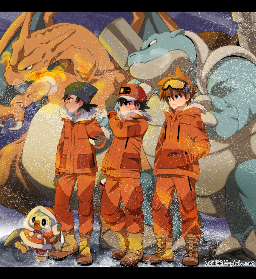 3boys, ash_ketchum, baseball_cap, beanie, black_hair, blastoise, blue_eyes, boots