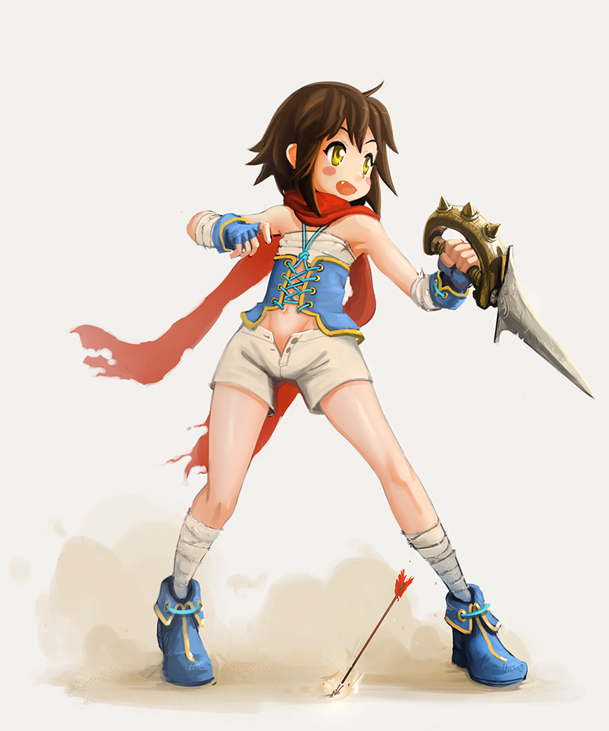 1girl, :d, armpits, arrow_(projectile), blush_stickers, brown_hair, commentary, english_commentary