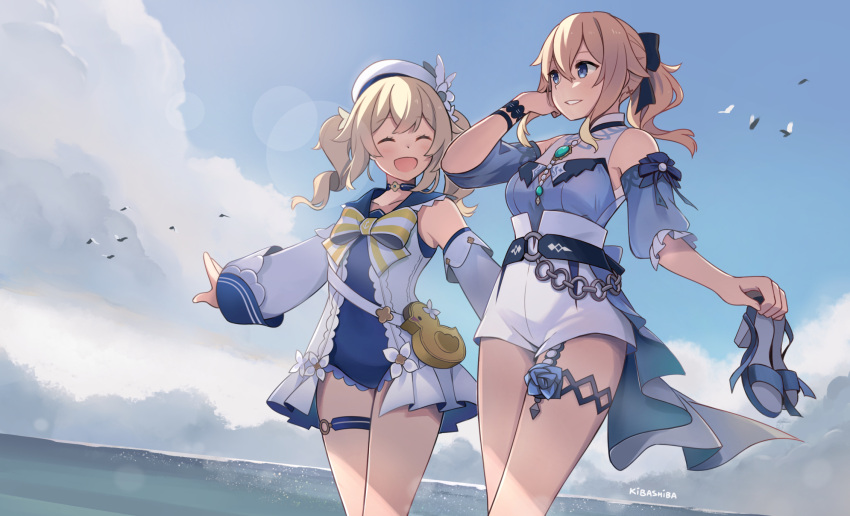 2girls, barbara_(genshin_impact), bird, blonde_hair, blue_dress, blue_eyes, blue_sky, chain
