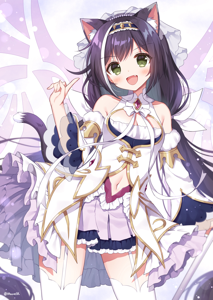 animal_ear_fluff, animal_ears, black_hair, cat_ears, cat_girl, cat_tail, dress, duplicate, energy_wings, fang, green_eyes, karyl_(princess_connect!), low_twintails, mauve, multicolored_hair, pixel-perfect_duplicate, princess_connect!, princess_form_(princess_connect!), streaked_hair, tail, tail_raised, twintails, white_dress, white_hair