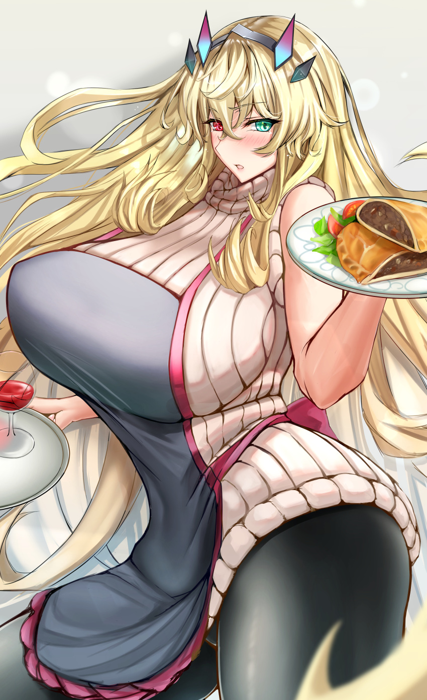 1girl, absurdres, alcohol, apron, blonde_hair, breasts, cup, drinking_glass