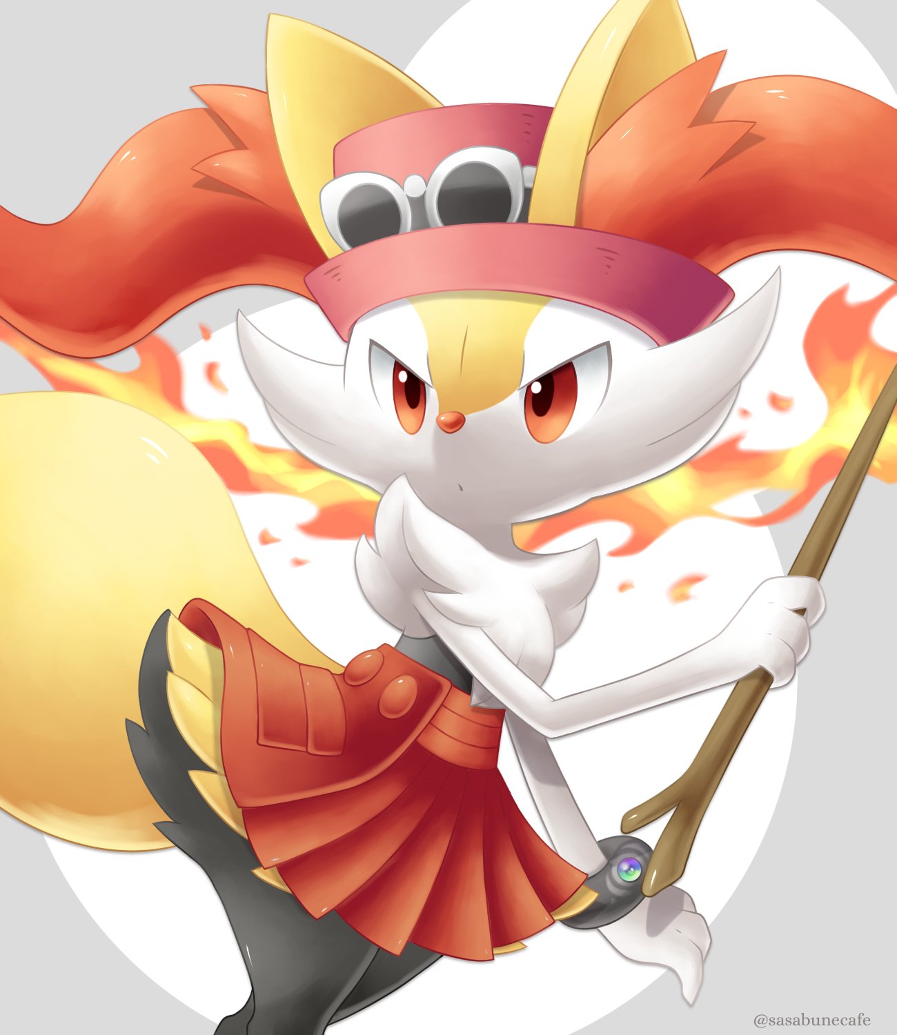 bracelet, braixen, closed_mouth, clothed_pokemon, cosplay, eyewear_on_headwear, fire, gen_6_pokemon