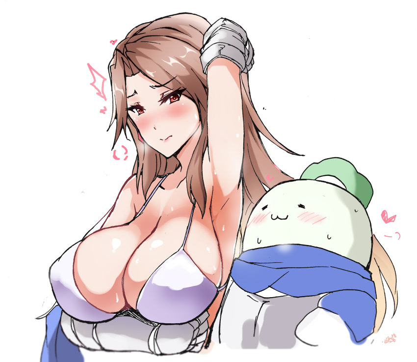 arm_behind_head, arm_up, armor, armpits, bikini, blue_hoodie, blush, bolobolo