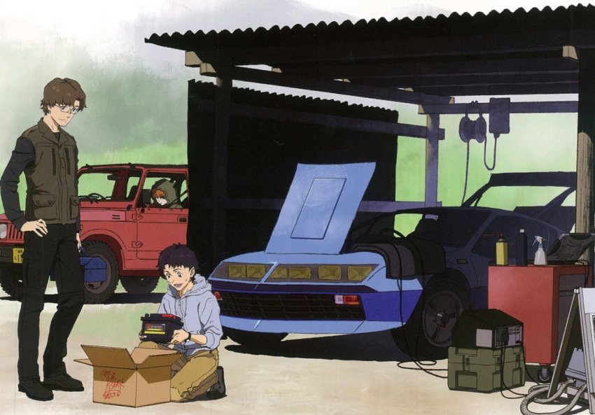1girl, 2boys, aida_kensuke, black_hair, blue_eyes, brown_hair, car, day, evangelion:_3.0+1.0_thrice_upon_a_time, eyepatch, glasses, grin, ground_vehicle, hand_on_hip, handheld_game_console, hood, hood_up, hoodie, jacket, jeep, motor_vehicle, multiple_boys, neon_genesis_evangelion, official_art, rebuild_of_evangelion, ryoji_kaedo, sitting, smile, souryuu_asuka_langley, standing, studio_khara, wheel