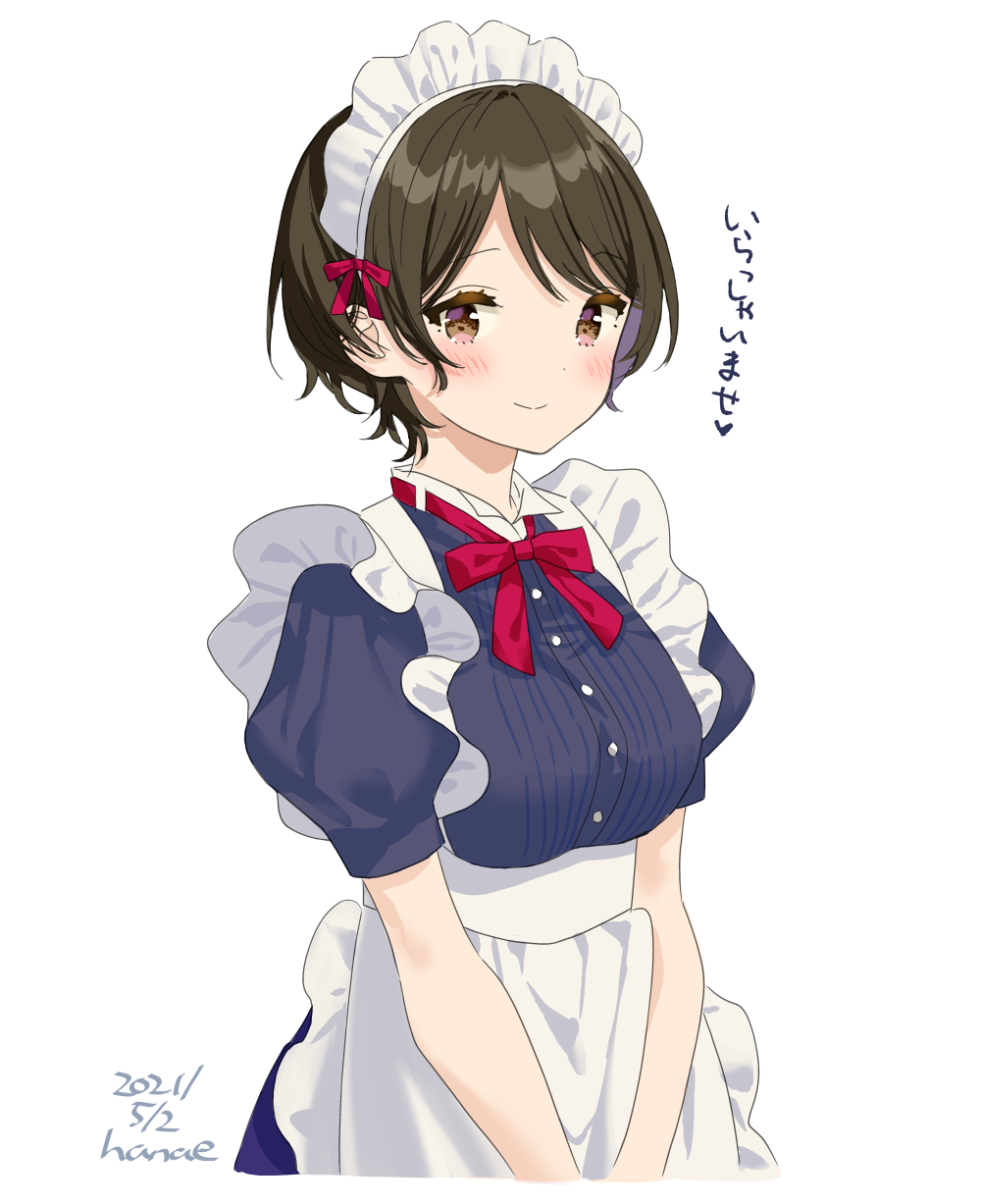 1girl, apron, artist_name, black_blouse, blouse, blush, bow, bowtie