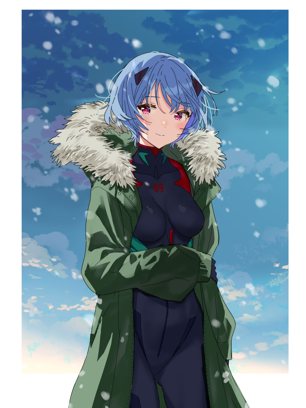 1girl, ayanami_rei, bangs, blue_hair, bodysuit, bodysuit_under_clothes, border, breasts, closed_mouth, coat, commentary_request, evangelion:_3.0_you_can_(not)_redo, fur_collar, green_coat, hanae_haruka, highres, interface_headset, long_sleeves, neon_genesis_evangelion, open_clothes, open_coat, outside_border, plugsuit, rebuild_of_evangelion, red_eyes, short_hair, sky, sleeves_past_fingers, sleeves_past_wrists, smile, snowing, solo, standing, white_border, winter_clothes