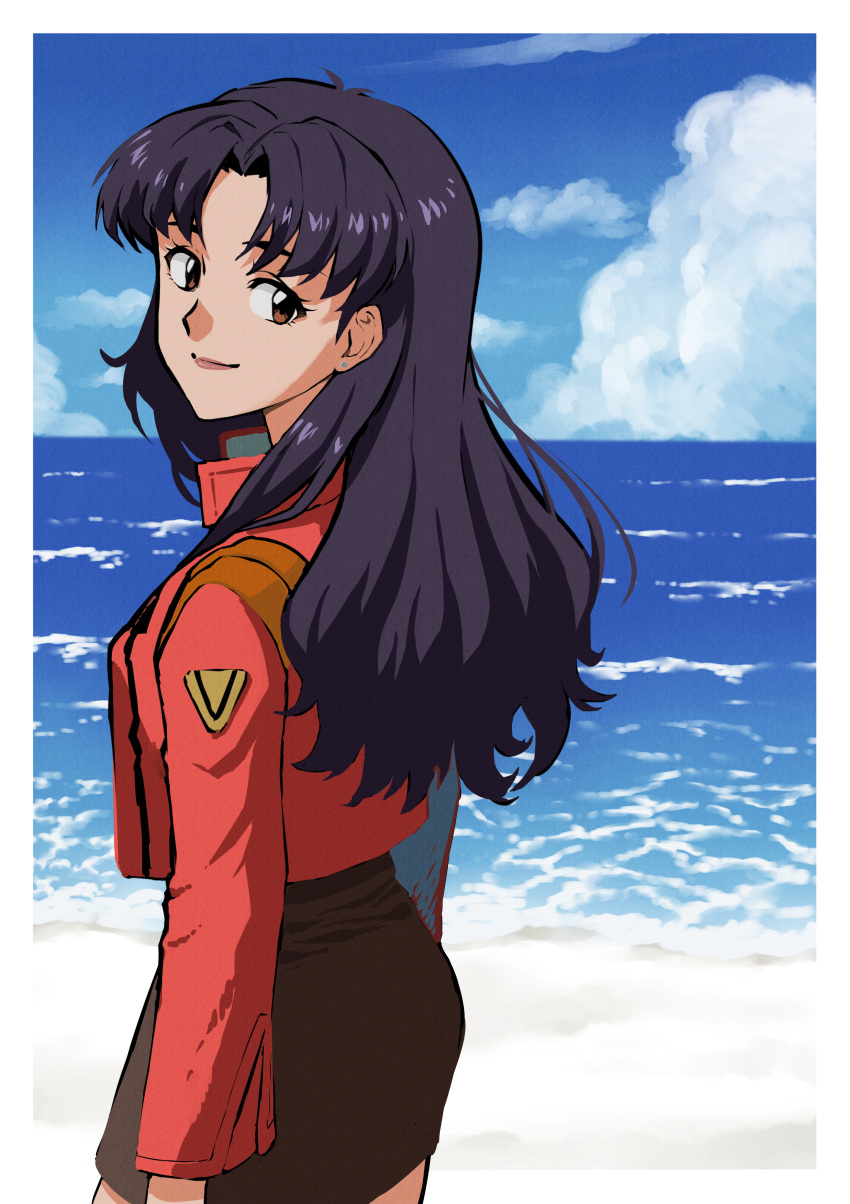 1girl, absurdres, bangs, beach, black_skirt, blue_sky, border, brown_eyes, closed_mouth, clouds, commentary_request, cowboy_shot, cropped_jacket, day, earrings, from_side, highres, huge_filesize, jacket, jewelry, katsuragi_misato, long_hair, long_sleeves, looking_at_viewer, looking_back, nakachiruno, neon_genesis_evangelion, ocean, outdoors, outside_border, pencil_skirt, purple_hair, red_jacket, skirt, sky, smile, solo, stud_earrings, waves, white_border