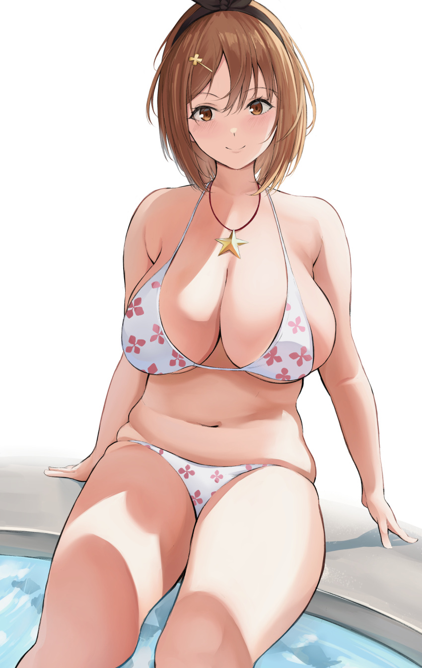 1girl, absurdres, atelier_(series), atelier_ryza, bikini, black_hairband, breasts, brown_eyes