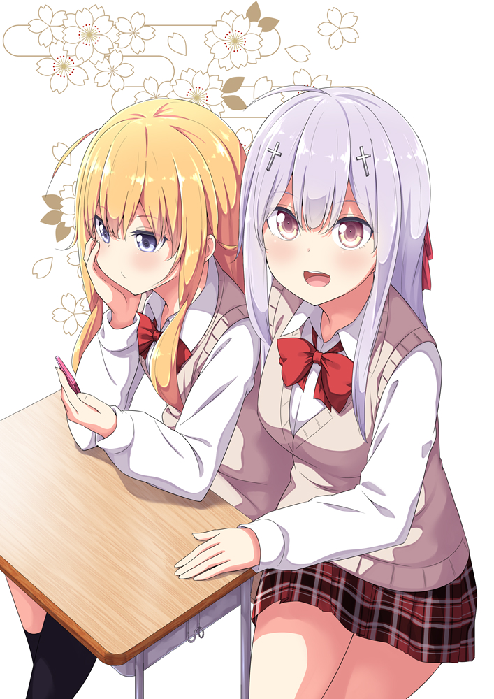 2girls, :d, ahoge, blonde_hair, blue_eyes, blush, bow, breasts