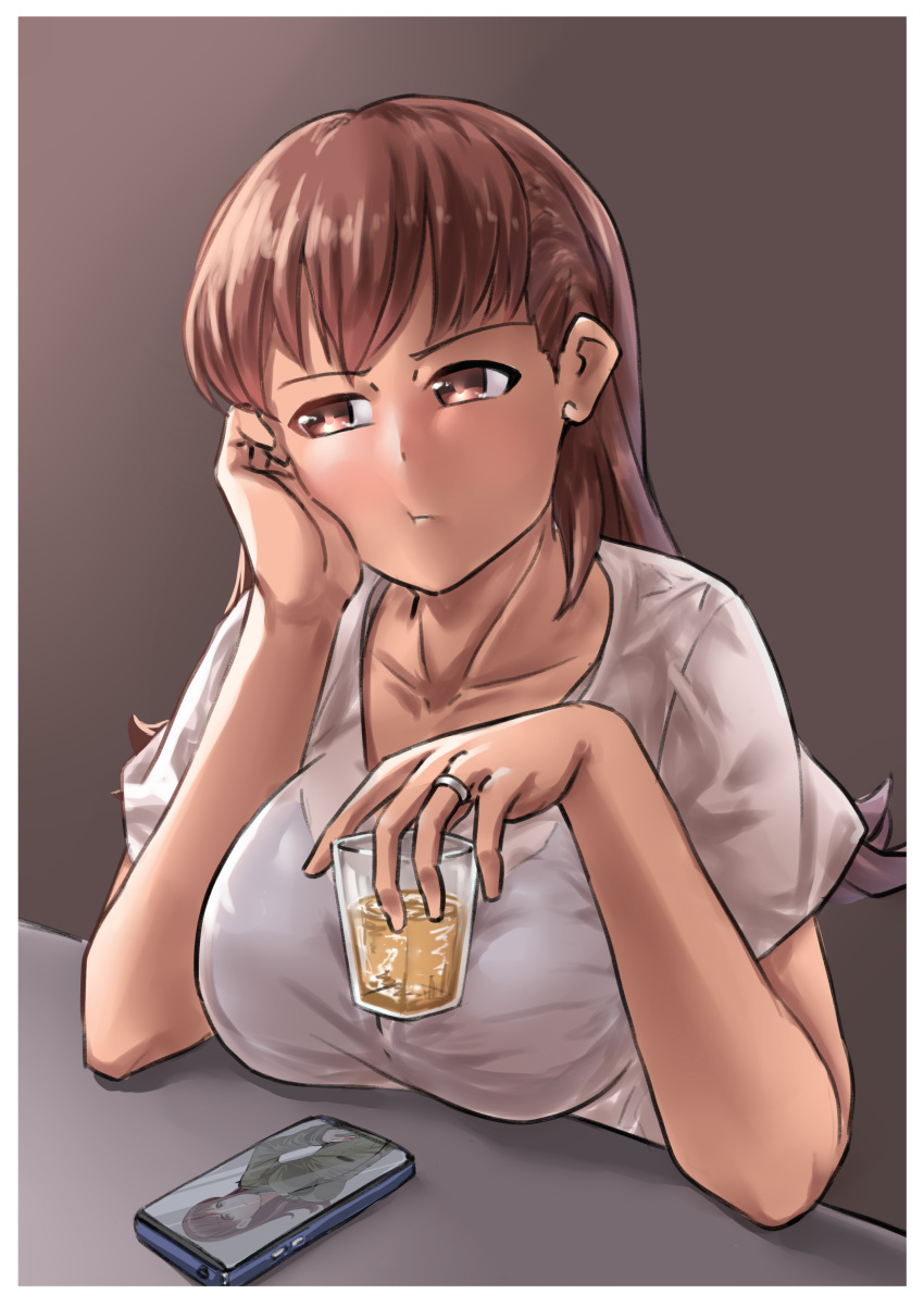 1girl, absurdres, alcohol, blush, border, breasts, brown_eyes, brown_hair