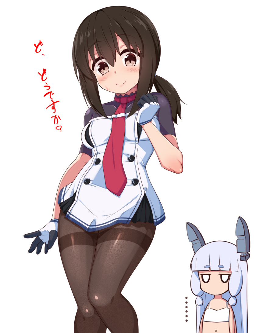 2girls, bangs, blush, borrowed_garments, breasts, brown_hair, cosplay, fubuki_(kancolle), highres, kantai_collection, kurokoshou_(emuburemu123), medium_breasts, medium_hair, multiple_girls, murakumo_(kancolle), murakumo_(kancolle)_(cosplay), short_ponytail, sidelocks, solo_focus