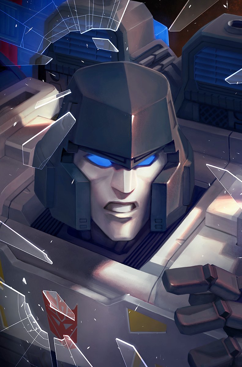 1boy, blue_eyes, broken_glass, comic_cover, cover, cover_page, decepticon, english_commentary