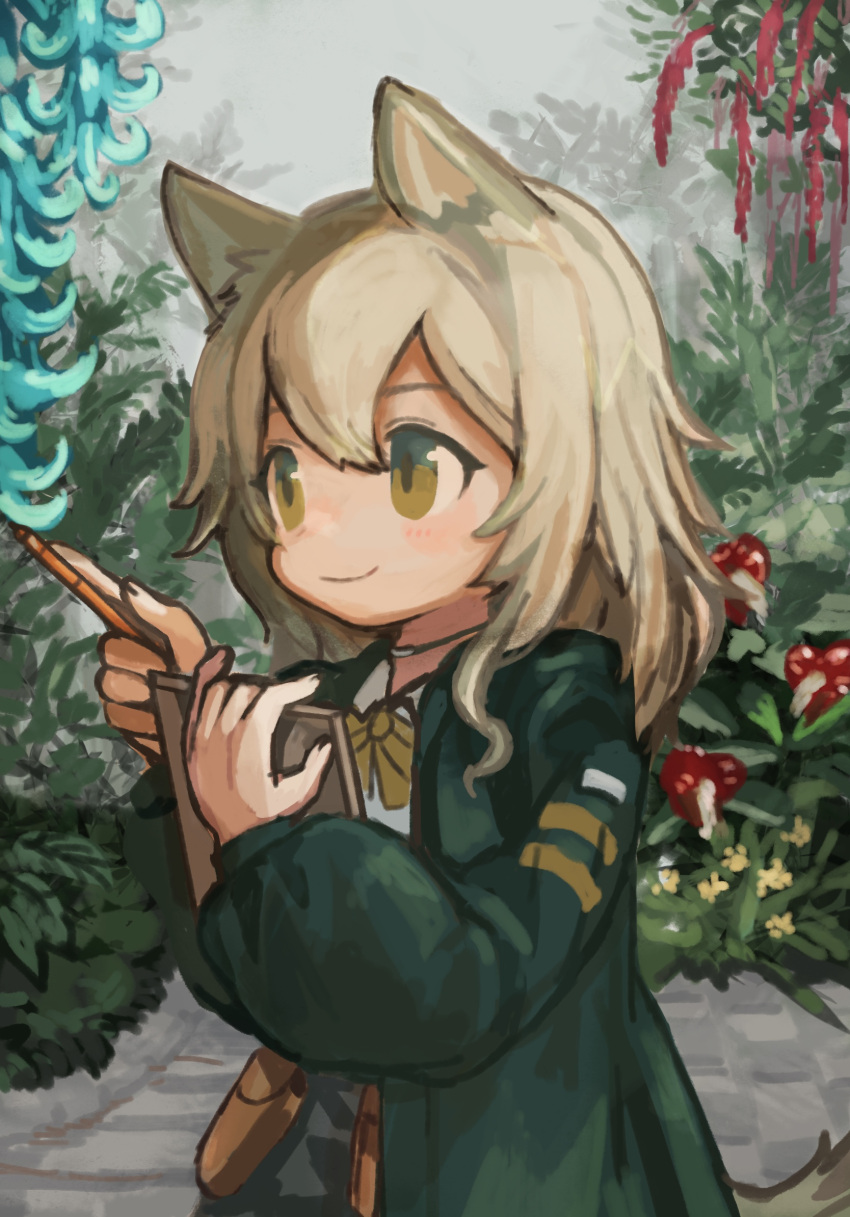 1girl, animal_ears, arknights, bow, bowtie, brown_hair, buchi0122, clipboard