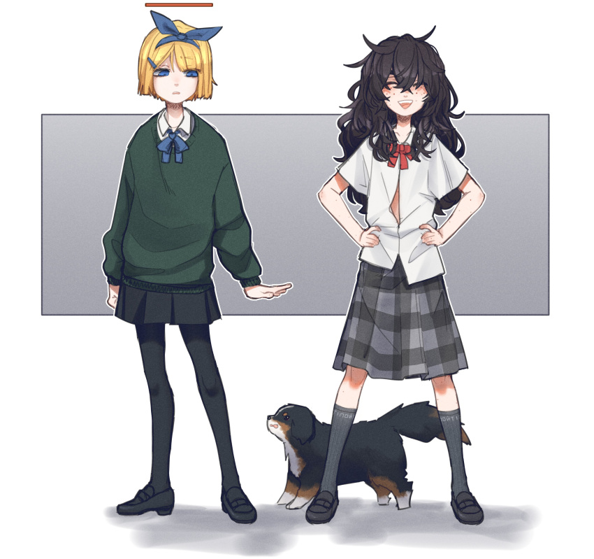 2girls, :d, absurdres, alternate_hairstyle, arms_at_sides, bangs, black_footwear, black_legwear, black_skirt, blind_girl_(popopoka), blonde_hair, blue_bow, blue_eyes, blue_hairband, bob_cut, bow, bowtie, bully_girl_(popopoka), commentary, crossed_bangs, dog, english_commentary, facing_viewer, freckles, green_sweater, grey_legwear, grey_skirt, hair_between_eyes, hair_bow, hairband, hairstyle_switch, hands_on_hips, highres, miniskirt, multiple_girls, open_mouth, original, pantyhose, parted_lips, pleated_skirt, popopoka, puppy, red_bow, red_neckwear, shirt, shoes, short_hair, skirt, smile, socks, standing, sweater, white_shirt