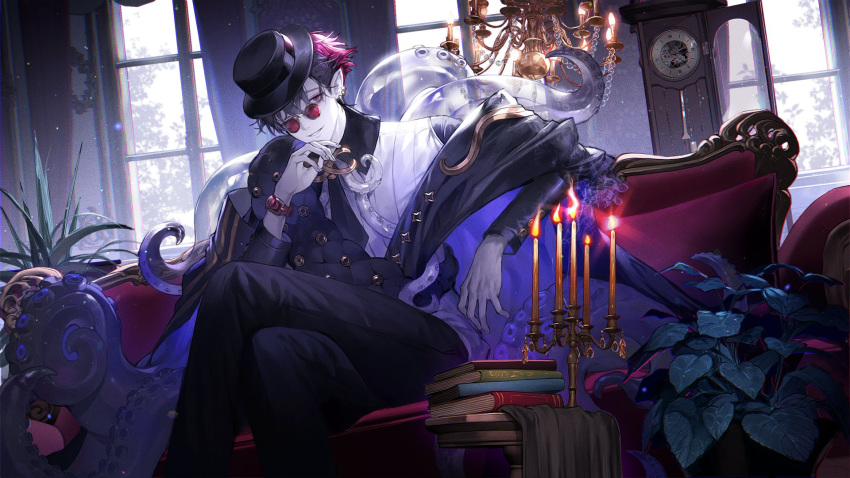 1boy, alchemy_stars, black_hair, black_headwear, black_legwear, book, bowler_hat, candelabra