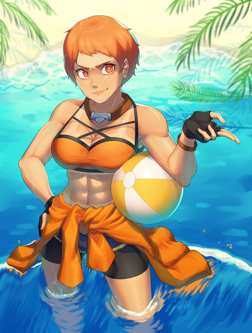 1girl, abs, absurdres, alternate_costume, ball, barley_juice, beach, beachball