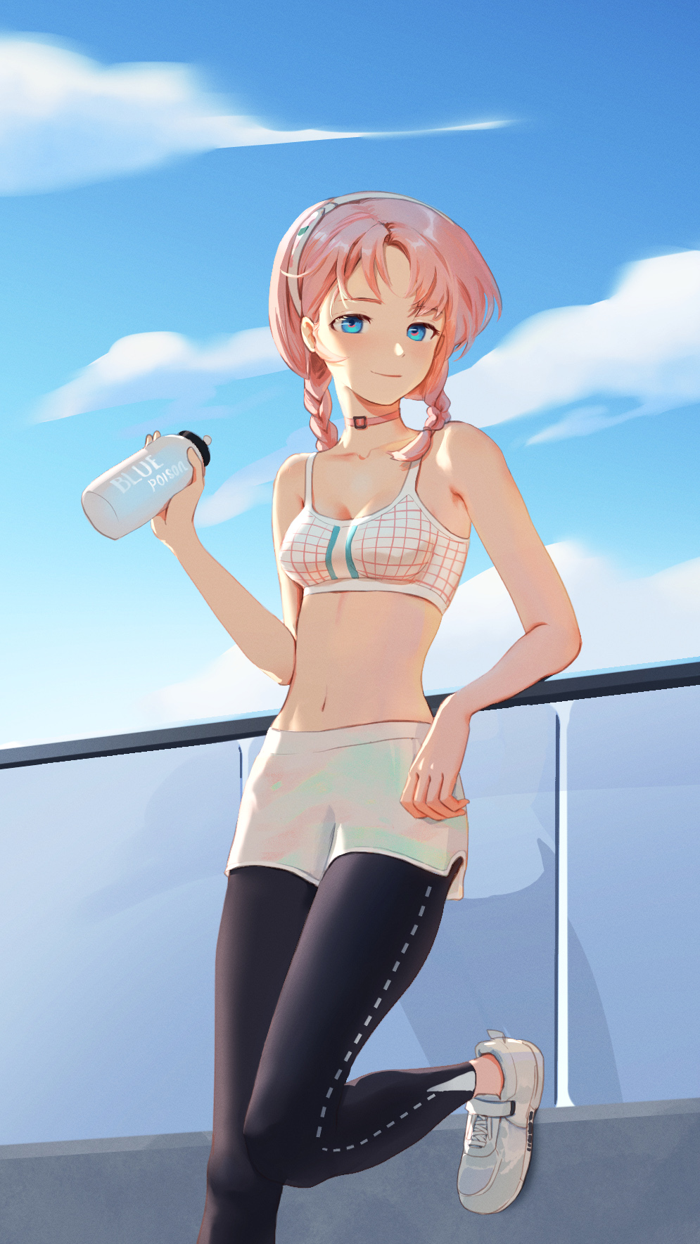 1girl, arknights, bare_arms, black_pants, blue_eyes, blue_poison_(arknights), blue_poison_(shoal_beat)_(arknights), blue_sky