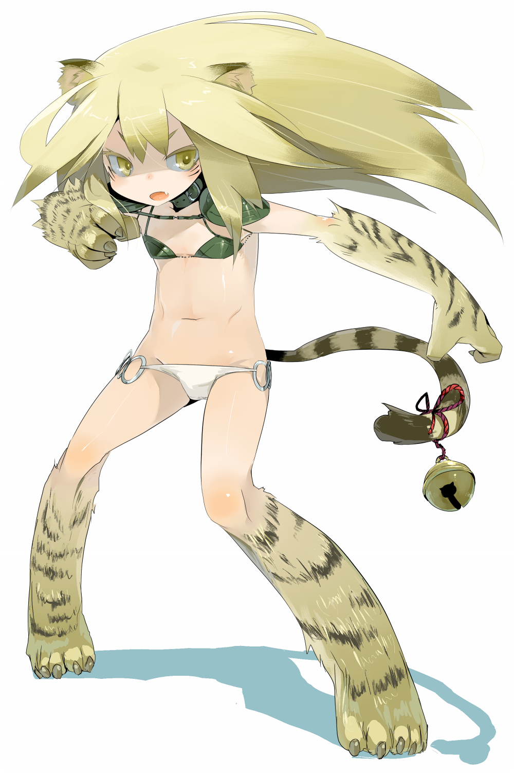 armor, bell, bikini, bikini_armor, blonde_hair, collar, datsuryokugen, flat_chest