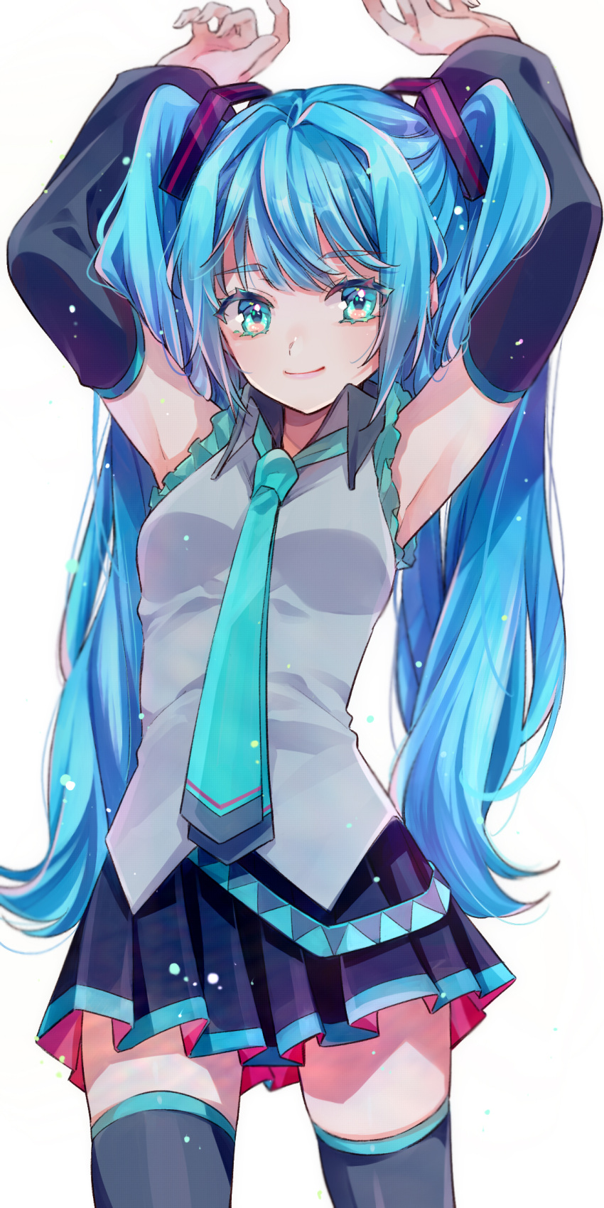 1girl, armpits, arms_up, bangs, black_legwear, black_skirt, black_sleeves, blue_eyes