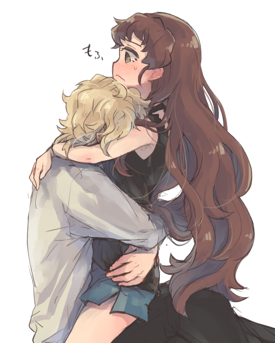 1boy, 1girl, black_pants, black_shirt, blonde_hair, blue_shorts, blush, brown_eyes