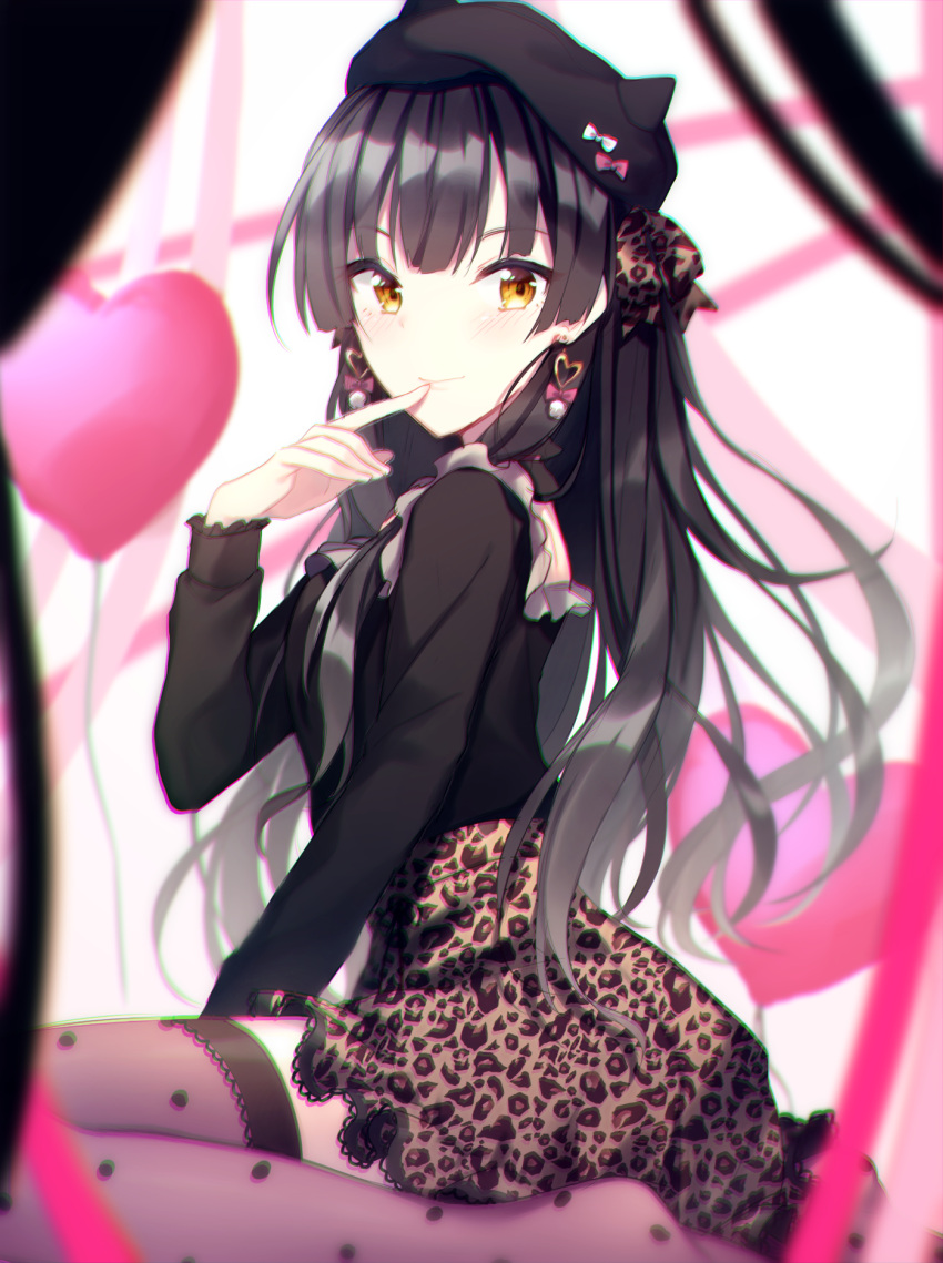 1girl, bangs, black_hair, black_headwear, black_shirt, bow, brown_skirt, chobo_ume
