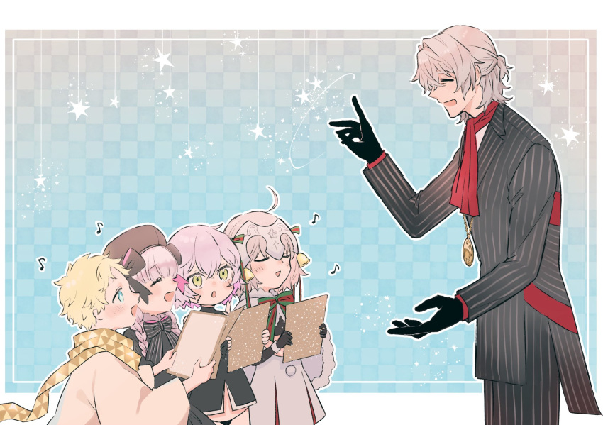 2boys, 3girls, ahoge, antonio_salieri_(fate), black_gloves, bow, braid, conductor, fate/grand_order, fate_(series), gloves, hat, highres, itokon300, jack_the_ripper_(fate/apocrypha), jeanne_d'arc_(fate)_(all), jeanne_d'arc_alter_santa_lily_(fate), jewelry, multiple_boys, multiple_girls, music, musical_note, nursery_rhyme_(fate), pendant, scar, scar_on_cheek, scar_on_face, scarf, singing, striped_suit, twin_braids, voyager_(fate)
