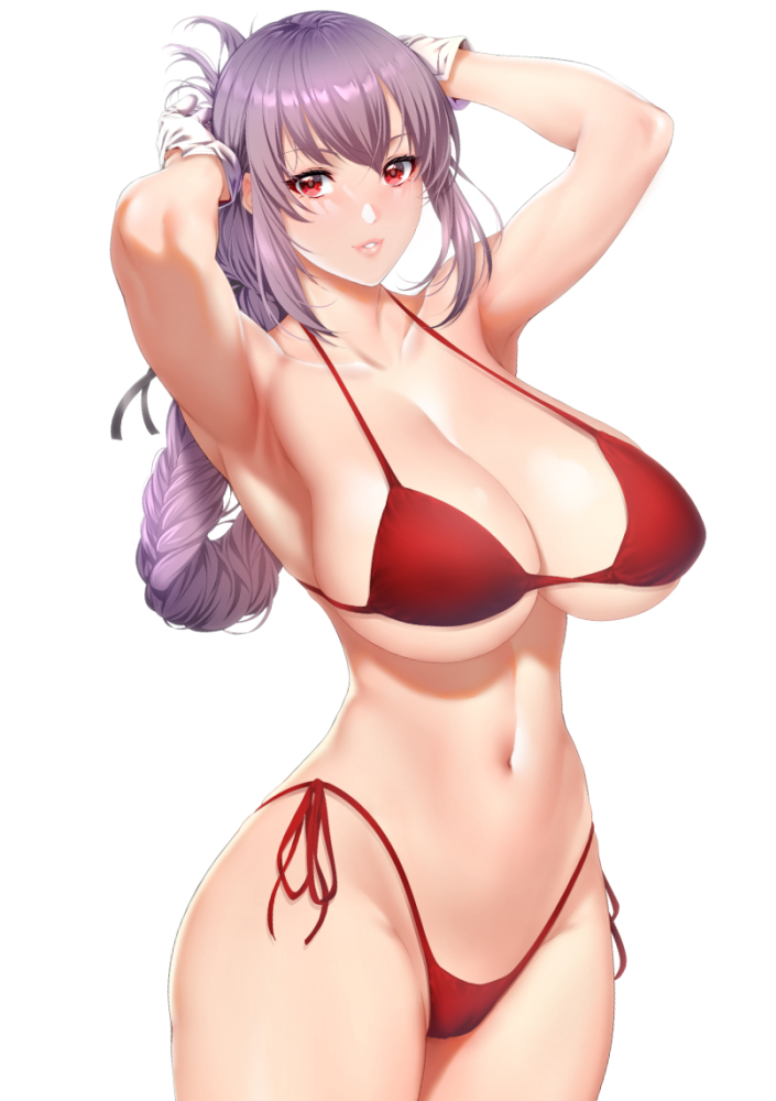 1girl, adjusting_hair, armpits, arms_up, bikini, braid, breasts, curvy