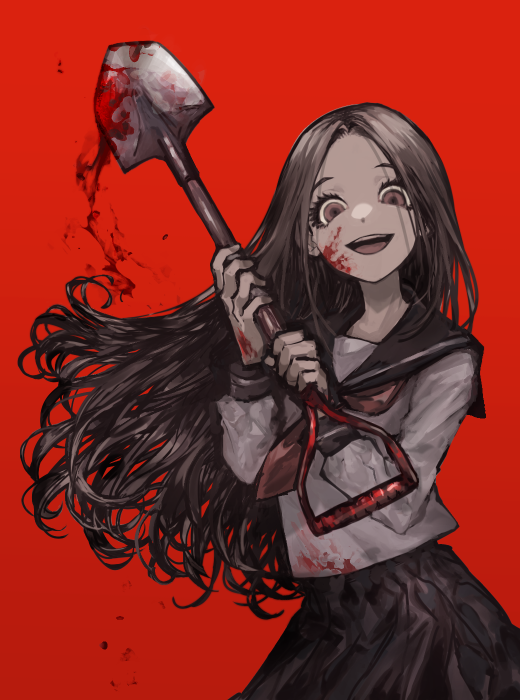 1girl, bangs, black_hair, black_sailor_collar, black_skirt, blood, blood_drop, blood_on_face
