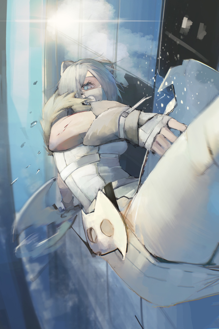 1girl, absurdres, arknights, blue_eyes, commentary, cowboy_shot, from_below, gloves