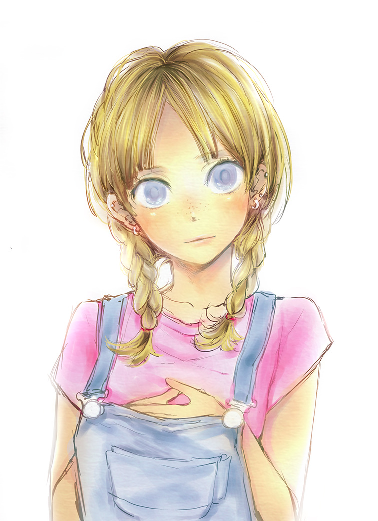 braid, earrings, freckles, jewelry, long_hair, overalls, twin_braids, weda_(artist)