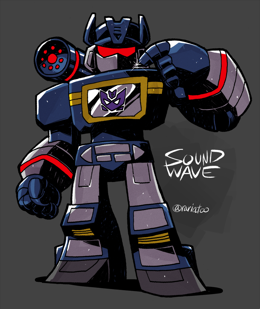 1980s_(style), 1boy, buttons, cassette_player, chibi, clenched_hand, decepticon, evil, male_focus, mecha, open_hand, rariatto_(ganguri), red_eyes, retro_artstyle, shading, shading_mismatch, shiny, shoulder_cannon, soundwave, symbol, transformers, twitter_username, visor, weapon