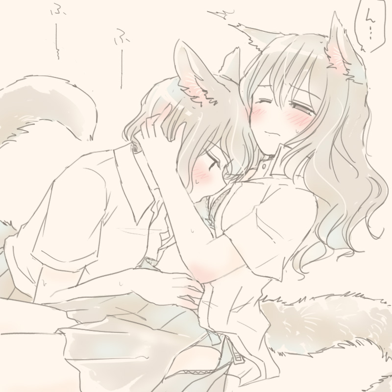 2girls, animal_ears, beige_background, blush, bra, breast_kiss, breasts, closed_mouth, collared_shirt, commentary_request, dog_ears, dog_girl, dog_tail, eyebrows_visible_through_hair, grey_bra, grey_hair, grey_skirt, hand_on_another's_head, long_hair, multiple_girls, nekoya_saki, open_clothes, open_shirt, original, partially_undressed, pleated_skirt, school_uniform, shirt, short_sleeves, simple_background, sitting, skirt, small_breasts, speech_bubble, sweat, tail, underwear, undressing_another, uneven_eyes, white_shirt, yuri