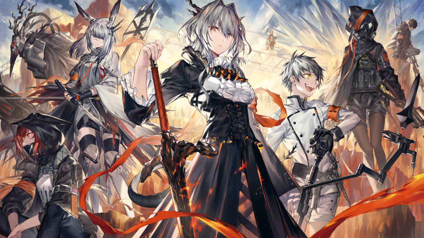 4boys, 4girls, animal_ears, arknights, crossbow, crownslayer_(arknights), dagger, demon_boy, demon_girl, demon_horns, dragon_girl, dragon_horns, dragon_tail, faust_(arknights), fingerless_gloves, frostnova_(arknights), gas_mask, gloves, grenade_launcher, gun, highres, holding, holding_gun, holding_sword, holding_weapon, hood, horns, knife, mask, mephisto_(arknights), mouth_mask, multiple_boys, multiple_girls, noy, patriot_(arknights), polearm, rabbit_ears, rabbit_girl, reunion_logo_(arknights), scar, scar_on_face, scar_on_nose, skullshatterer_(arknights), spear, staff, sword, tactical_clothes, tail, talulah_(arknights), w_(arknights), weapon, wendigo, wolf_girl