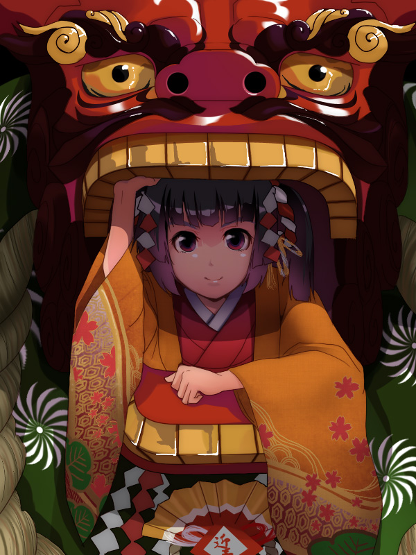 aasara, hair_ornament, hexagon, japanese_clothes, kimono, lion_dance, mouth, new_year