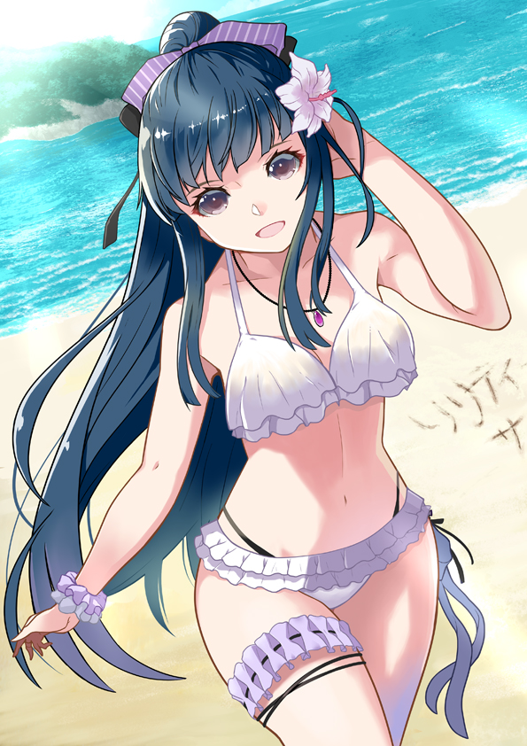 1girl, assault_lily, azuma_reiji, beach, bikini, black_hair, flower, frilled_bikini, frills, grey_eyes, hair_flower, hair_ornament, hair_ribbon, long_hair, looking_at_viewer, open_mouth, ponytail, ribbon, scrunchie, shirai_yuyu, smile, solo, swimsuit, white_bikini, wrist_scrunchie