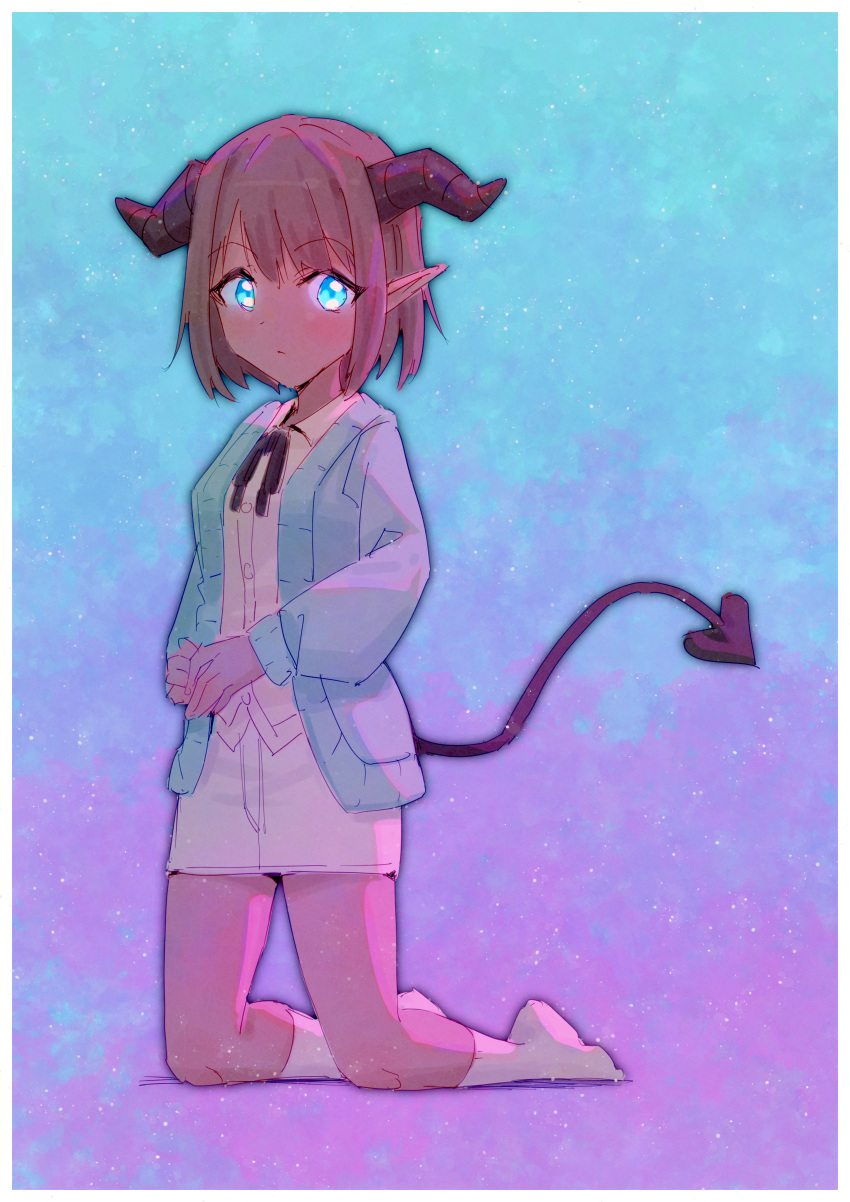 1girl, absurdres, aqua_cardigan, bangs, black_horns, black_neckwear, black_ribbon, blue_background