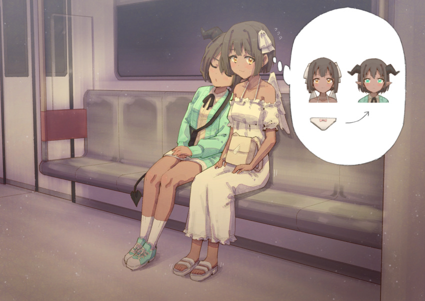 2girls, angel, angel_and_devil, aqua_cardigan, aqua_footwear, arrow_(symbol), bag, bangs