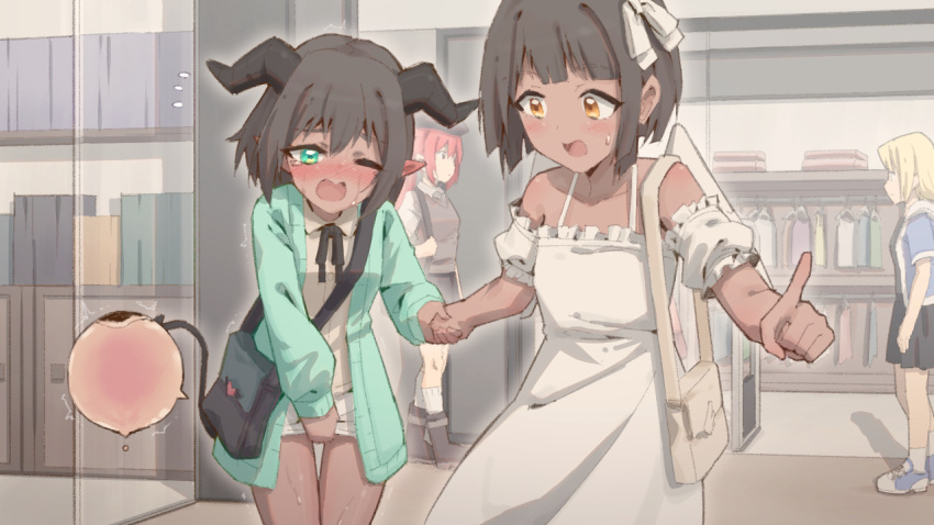 4girls, angel, angel_and_devil, aqua_cardigan, bag, bangs, bare_shoulders, between_legs, black_horns, black_neckwear, black_ribbon, blonde_hair, blue_footwear, blunt_bangs, blush, bob_cut, boots, breasts, brown_footwear, brown_hair, cardigan, collarbone, collared_shirt, commentary, cross-laced_footwear, dark-skinned_female, dark_skin, demon_girl, demon_tail, dress, ear_blush, embarrassed, eyebrows_visible_through_hair, flying_sweatdrops, frilled_dress, frilled_sleeves, frills, green_eyes, hair_intakes, hair_ribbon, half-closed_eye, hand_between_legs, hand_up, handbag, hands_up, have_to_pee, heart, holding_hands, horns, index_finger_raised, indoors, leaning_forward, long_sleeves, looking_at_another, miniskirt, multiple_girls, neck_ribbon, nervous, nose_blush, off-shoulder_dress, off_shoulder, one_eye_closed, open_cardigan, open_clothes, open_mouth, orange_eyes, original, pee, pencil_skirt, pointing, pointy_ears, redhead, ribbon, rune_(pixiv_25170019), shiny, shiny_hair, shirt, shoes, shop, short_hair, short_sleeves, shoulder_bag, sidelocks, skirt, small_breasts, sneakers, socks, spaghetti_strap, speech_bubble, standing, storefront, sweat, tail, tears, trembling, urine_meter, walking, white_dress, white_legwear, white_ribbon, white_skirt, white_wings, wide-eyed, wince, window, wings, yellow_shirt
